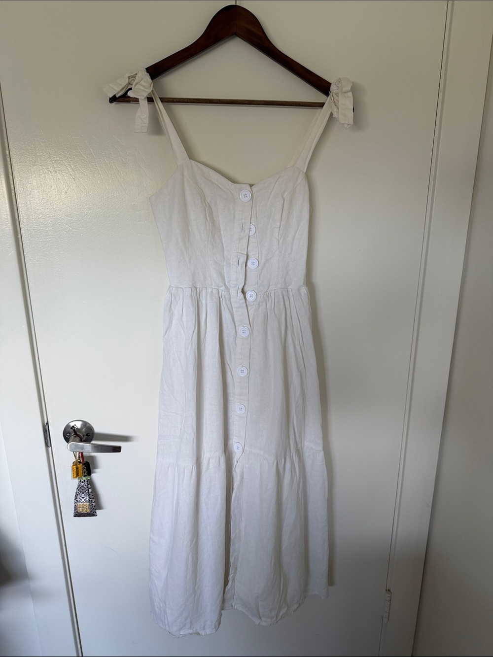 Urban Outfitters White Button-Front Tiered Midi Dress with Tie Straps
